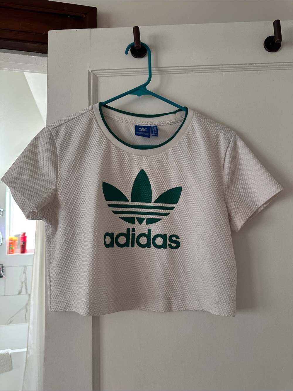 adidas White Cropped Tee with Green Trefoil Logo